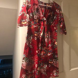 Red Asian print empire waist cotton dress